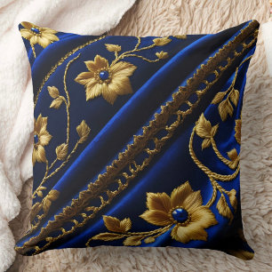 Vintage faux Embroidery Blue Gold Flowers Throw Pillow