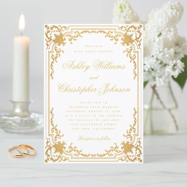 Vintage Faux Gold Elegant Ornate White Wedding Invitation (Creator Uploaded)