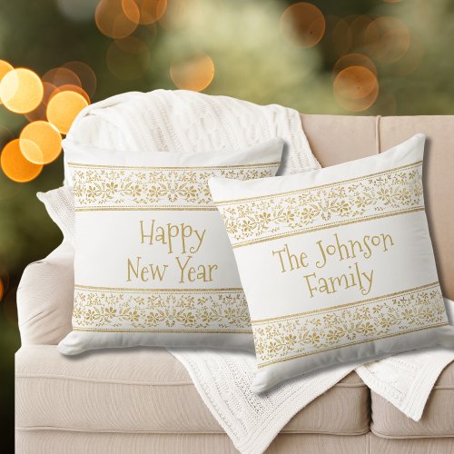 Vintage Faux Gold Floral Ribbon Happy New Year Throw Pillow