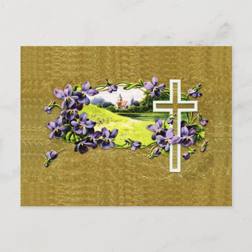 Vintage Faux Gold Leaf Christian Easter Cross Holiday Postcard