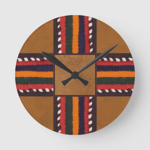 Vintage Faux Leather Ethnic Stripes Cross Western Round Clock
