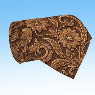 Vintage Faux Leather with Tooled Look Floral Neck Tie