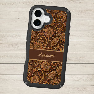 Vintage Faux Leather with Tooled Look Floral iPhone 16 Case