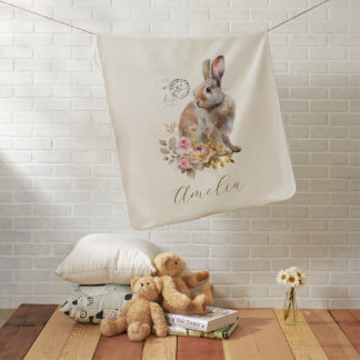 Vintage Faux linen Personalised Rabbit   Baby Blanket