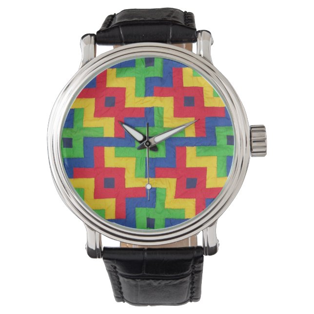 Vintage Faux Patchwork Quilt Photograph Watch (Front)