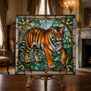 Vintage Faux Stained Glass Tiger Jungle Mosaic Ceramic Tile