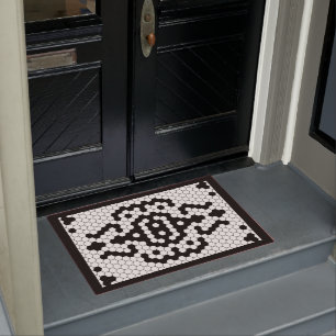 Vintage Faux Tile Black & White Thick Border Doormat