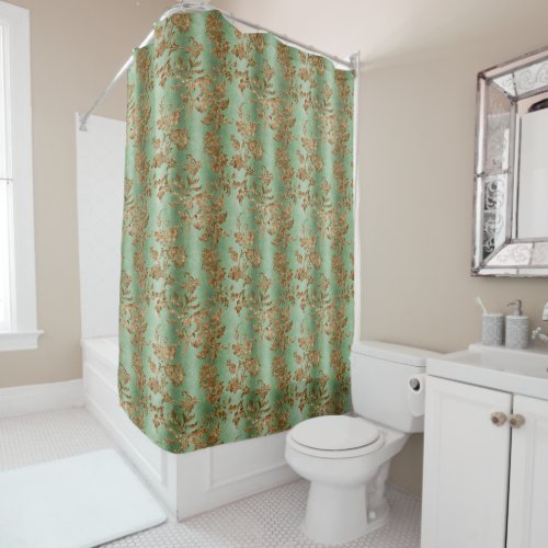 Vintage Faux Velvet Botanical Gold Green Shower Curtain