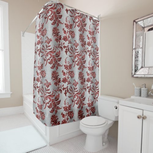 Vintage Faux Velvet Botanical Russet Silver Shower Curtain