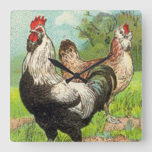 Vintage Faverolles Chicken Square Wall Clock
