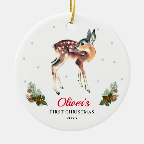 Vintage Fawn Deer Baby Boy Personalized 1st Xmas Ceramic Ornament