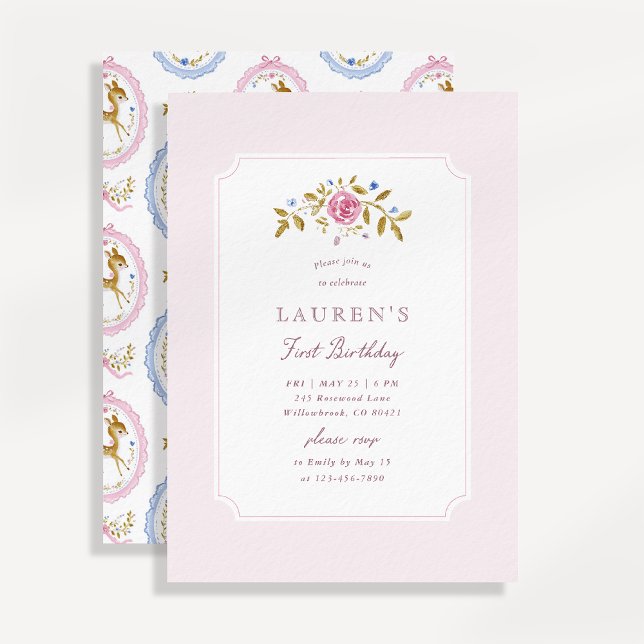 Vintage Fawn Pink First Birthday Invitation (Creator Uploaded)