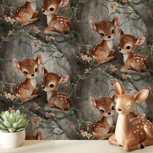 Vintage Fawns And Flowers Nursery Wallpaper