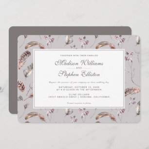 Vintage Feather and Floral Pattern - Wedding Invitation
