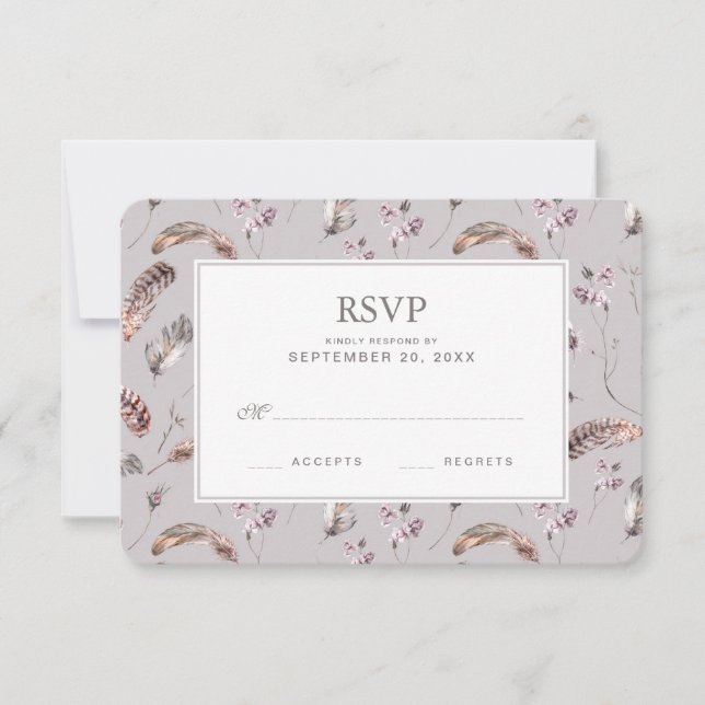 Vintage Feather and Floral Pattern - Wedding RSVP (Front)