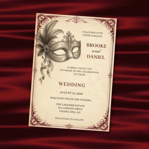 Vintage Feather Masquerade Scroll Wedding Invitation
