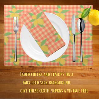 Vintage Feed Sack Lemons Faded Orange Red Checks Cloth Napkin