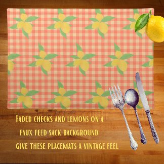 Vintage Feed Sack Lemons Faded Orange Red Checks Cloth Placemat