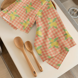 Vintage Feed Sack Lemons Faded Orange Red Checks Kitchen Towel