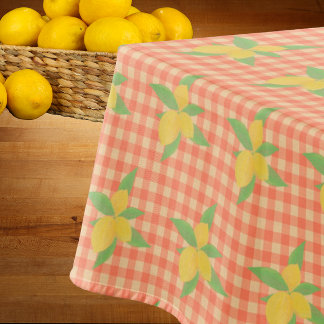 Vintage Feed Sack Lemons Faded Orange Red Checks Tablecloth