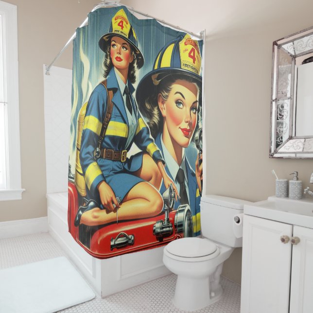 Vintage Female Firefighter Shower Curtain (In Situ)