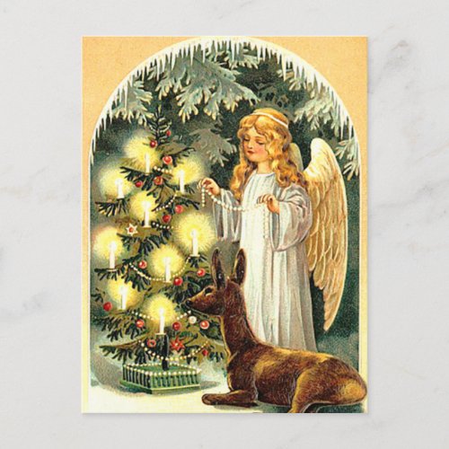 Vintage Festive Angel with Deer Holiday Postcard