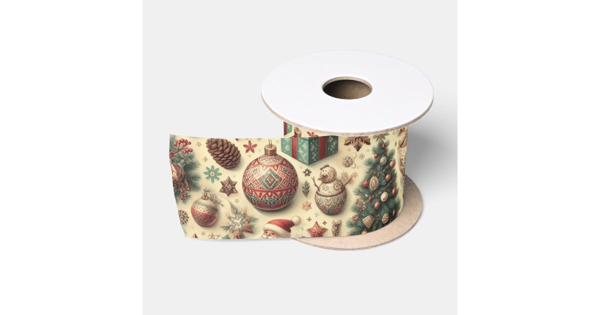 Vintage Festive Christmas Holiday Pattern Satin Ribbon | Zazzle