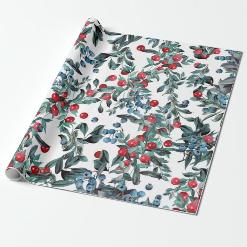 Vintage Festive Christmas Red and Blue Berries Wrapping Paper