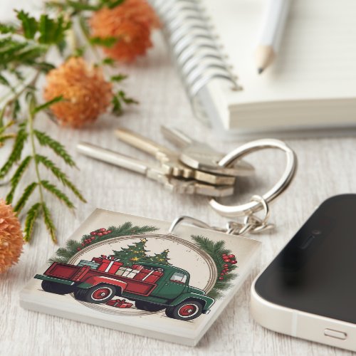 Vintage Festive Christmas Truck with Trees  Gifts Keychain