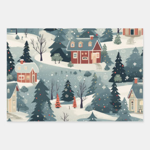 Vintage Festive Christmas Village Pattern Wrapping Paper Sheets