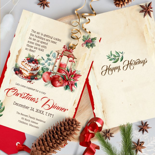 Vintage Festive Foliage Red Poinsettia Christmas Invitation (Creator Uploaded)