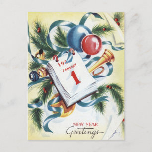 Vintage Festive New Year Greetings Postcard