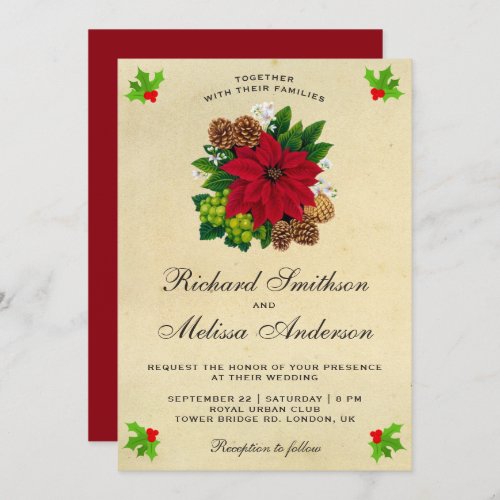 Vintage Festive Poinsettia Christmas Wedding Invitation