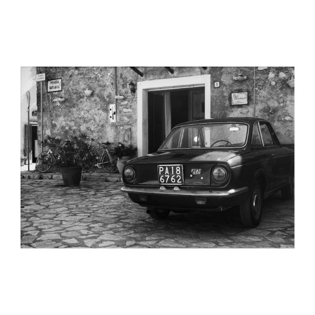 Vintage FIAT car in Italy in monochrome Acrylic Print (Front)