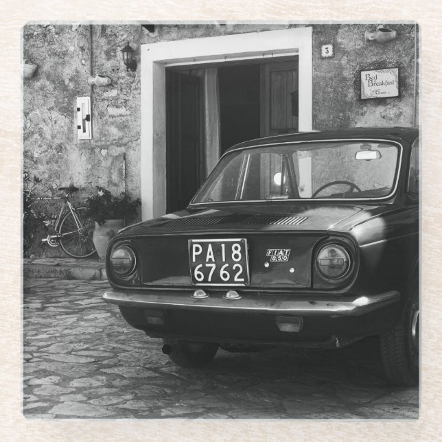 Vintage FIAT car in Italy in monochrome Glass Coaster (Front)