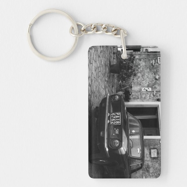 Vintage FIAT car in Italy in monochrome Keychain (Front)