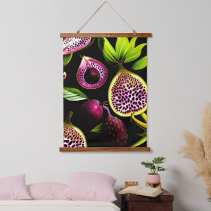 Vintage Figs and Dragon Fruit Black Botanical Hanging Tapestry