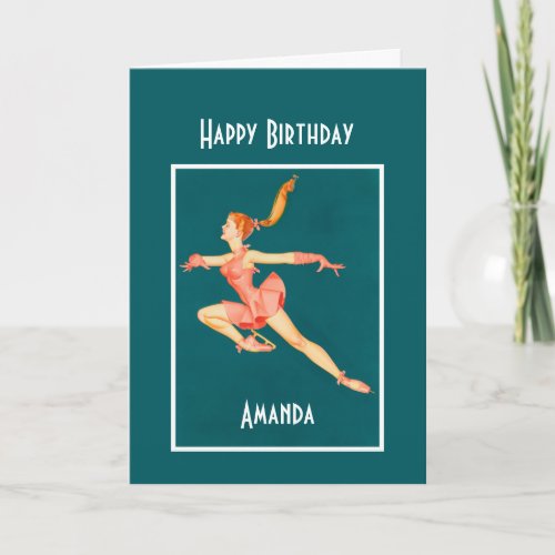 Vintage Figure Skater in Pink Happy Birthday Card