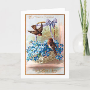 Vintage Finches with Blue Valentine Forget Me Nots Holiday Card
