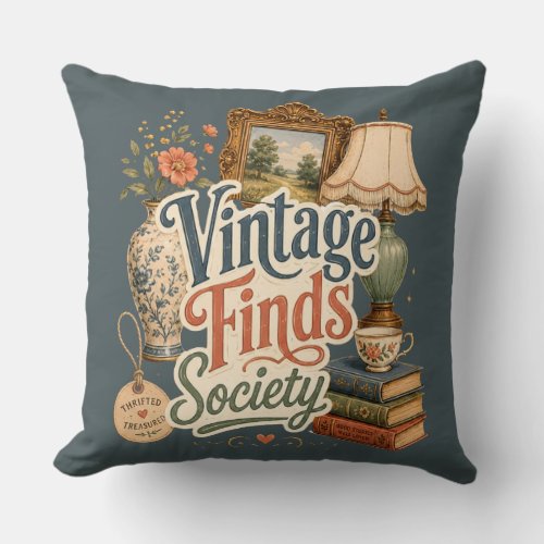 Vintage Finds Cottagecore Treasures Blue Throw Pillow