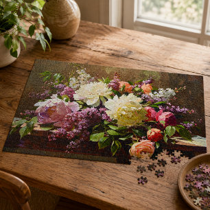 Vintage Fine Art Peony & Lilac Floral Bouquet  Jigsaw Puzzle