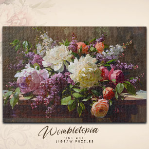 Vintage Fine Art Peony & Lilac Floral Bouquet Jigsaw Puzzle