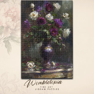 Vintage Fine Art Purple & White Rose Bouquet Jigsaw Puzzle