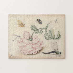 Vintage Fine Art with a pale pink rose and insects Jigsaw Puzzle