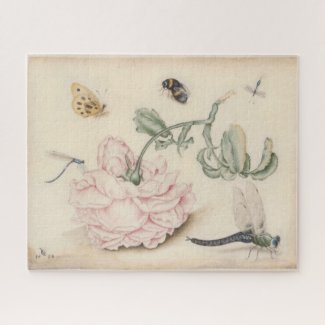 Vintage Fine Art with a pale pink rose and insects Jigsaw Puzzle