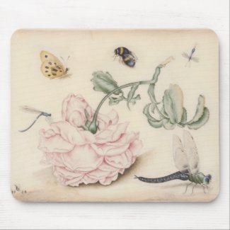 Vintage Fine Art with a Pale Pink Rose and Insects Mouse Pad