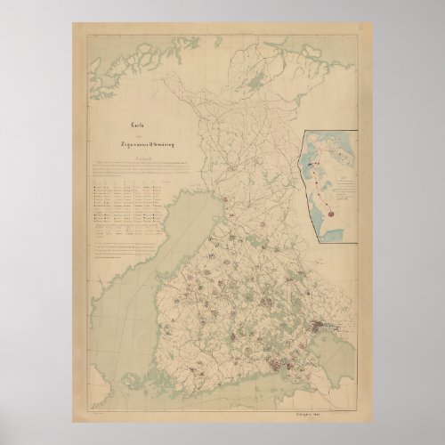 Vintage Finland  Finnish Family Names Map 1900 Poster
