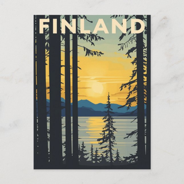 Vintage Finland Travel Poster Sunset Lake Postcard (Front)