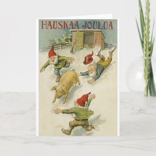 Vintage Finnish Elf And Pig Christmas Card