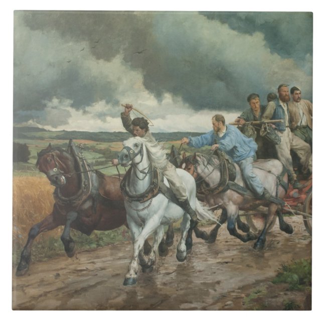 Vintage Fire Engine (by Eugène Burnand) Ceramic Tile (Front)